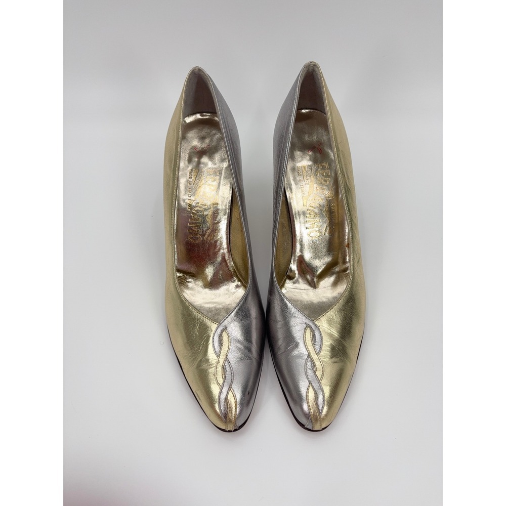 B5 Salvatore Ferragamo Two Tone Leather Pumps 7.5 Gold Silver Metallic Y2K - Picture 5 of 14